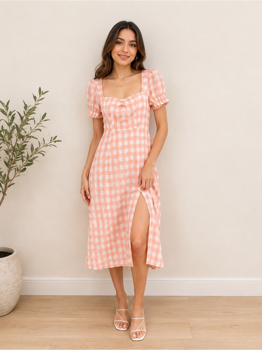 Lulus XS Peach White Gingham Ankle Length Side Slit Dress